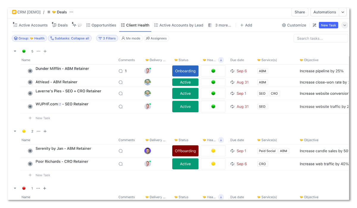 ClickUp CRM Client Health View
