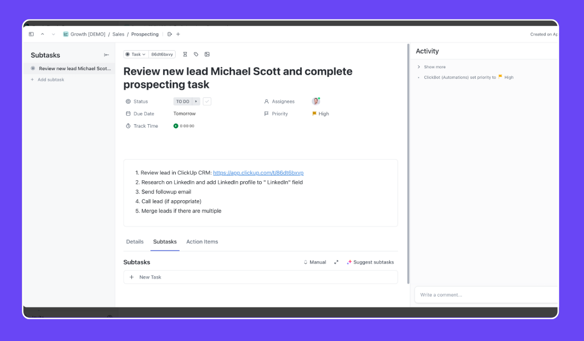 ClickUp Lead Tracker - Creating Sales Task to Nurture Leads