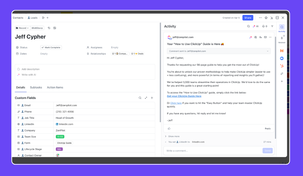ClickUp Lead Tracker - Leads with Autoresponding Emails