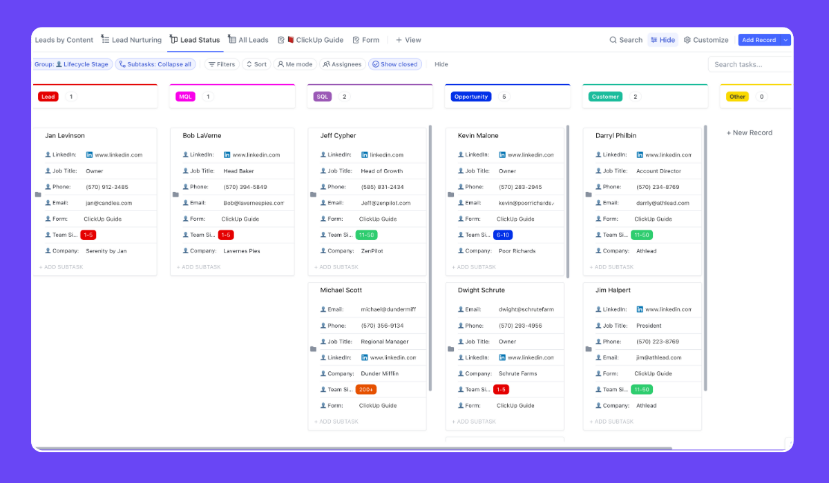 ClickUp Lead Tracker - Lifecycle Stage Board View