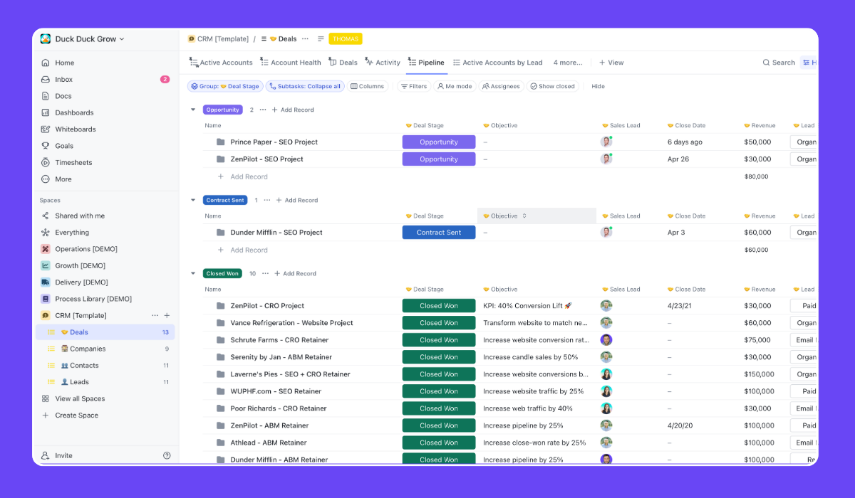 ClickUp Lead Tracker - Pipeline View